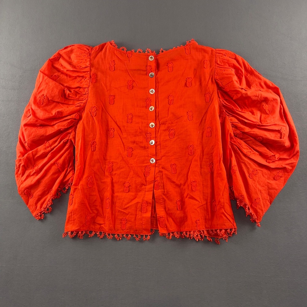 Farm Rio 3D Pineapple Blouse Women Large Red Puff Sleeve Pom Pom Trim Top 300174 - Picture 7 of 10